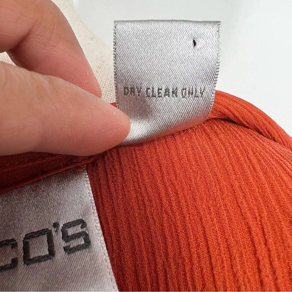 CHICO’S 100 % Burnt Orange Gauzy Pleated Button Down Lightweight 3/4 Sleeve Top - Picture 12 of 13